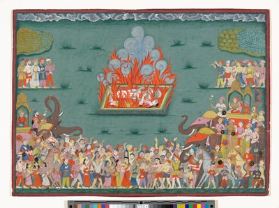 Sati z Ramabai, żona Madhavrao Peshwy, ok.1772-75 (akwarela i złoto na papierze) autorstwa Indian School