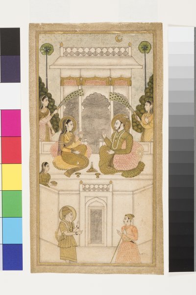 Sułtan Golkondy, Quli Qutb Shah, siedzący ze swoim małżonkiem, 1700-25 (nieprzezroczysta toaleta i złoto na papierze) autorstwa Indian School