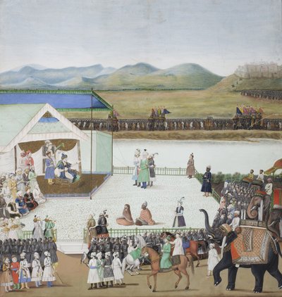 Turecki sułtan Bajazyd sprowadzony do niewoli przed Timurem, ok. 1850 (nieprzezroczysta toaleta i złoto na papierze) autorstwa Indian School