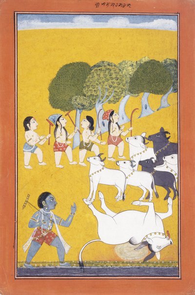 Młody Kryszna zabija demona Vatsasurę, który przybył pod postacią cielęcia, ok. 1730-1740 autorstwa Indian School