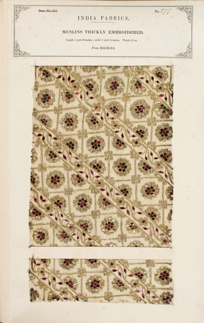 Grubo haftowana próbka muślinu z Madrasu, z The Collection of the Textile Manufacturers of India, autorstwa Johna Forbesa Watsona, opublikowana w 1866 roku autorstwa Indian School