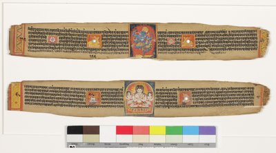 Góra: golarka do tańca; Na dole: Bodhisattwa Sadakshi Awolokiteshwara i Attendants, CII- (OPQW & Inc na Liściu Palmowym) autorstwa Indian School