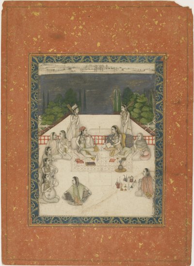 Dwie kobiety siedzące na tarasie, otoczone sługami i muzykami, ok. 1650 r. (nieprzezroczysta toaleta i złoto na papierze) autorstwa Indian School