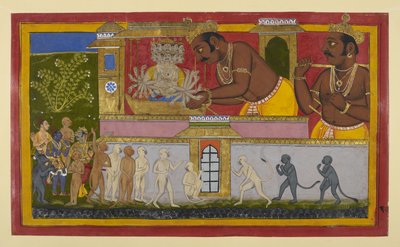 Vibhīṣaṇa opowiada o klątwie Kumbhakarṇa; Lakṣmaṇa odzyskuje przytomność i wstaje. autorstwa Indian School