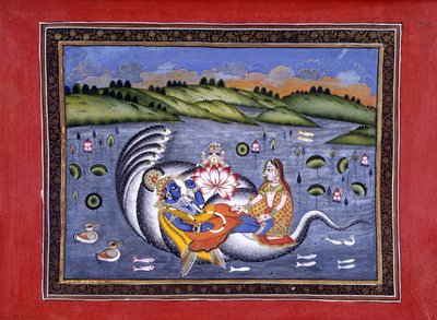 Wisznu i Lakszmi, ilustracja z „Bhagavatapurany. (Purana Błogosławionego Pana)” przez Kalurama autorstwa Indian School