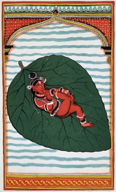 Wisznu lub Narayan: Drugie wielkie bóstwo triady bramińskiej, jego narodziny - lito z XVIII wieku. autorstwa Indian School