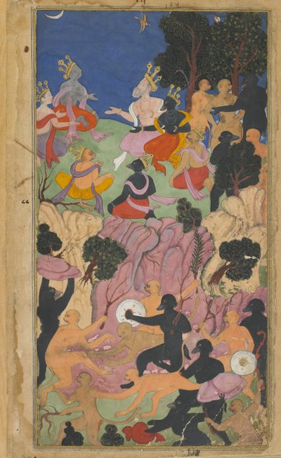 Vol.2 fol.194 Rama konferuje z wodzami Vanara na górze Suvela (nieprzezroczysta akwarela, atrament i złoto na papierze) autorstwa Indian School