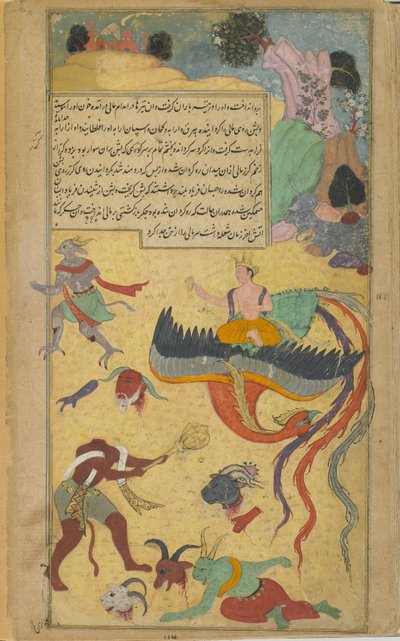 Vol.2 fol.290 Gdy Garuda z bólem odwraca się od pola bitwy, Wisznu podaje głowę Malis dyskiem (nieprzezroczysta akwarela, atrament i złoto na papierze) autorstwa Indian School