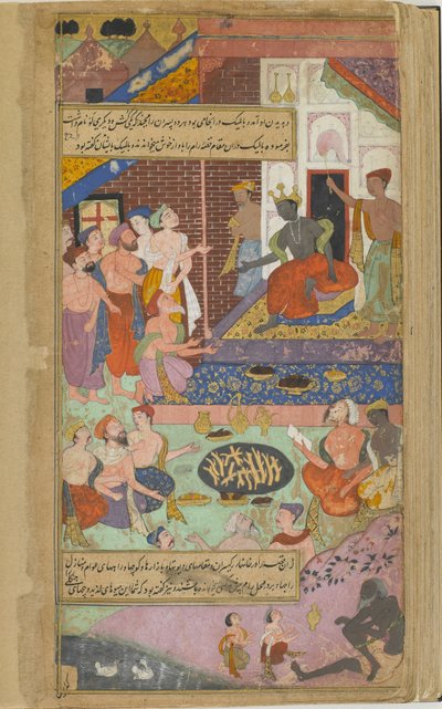 Vol.2 fol.339 Valmiki instruuje Kuzę i Lawę w recytacji Ramajany przed złożeniem ofiary w pałacu Ramasa (nieprzezroczysta akwarela, atrament i złoto na papierze) autorstwa Indian School