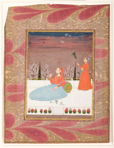 Kobieta siedząca na tarasie ze służącym z chauri, ok. 1735 (nieprzezroczysta toaleta i złoto na papierze) autorstwa Indian School