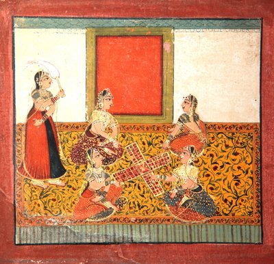 Kobiety grające w Parcheesi, siedzące na żółtej wzorzystej podłodze, ok. 1725 (nieprzezroczysta toaleta i złoto na papierze) autorstwa Indian School