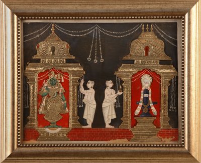 Oddawanie czci Visnhu i Shivie w formie Shivalingam, szkoła Tanjavore, koniec XIX wieku (toaleta i złoto na papierze) autorstwa Indian School