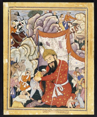Zumurrud Shah bierze schronienie w górach, ca. 1570 (nieprzezroczysta akwarela i złoto na bawełnianej tkaninie) autorstwa Indian School