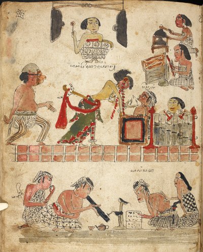 Ludzie grający muzykę, tańczący i palący, ilustracja z „Serat Damar Wulan” lub „The Romance of Damar Wulan” (pióro i atrament z akwarelą na papierze) autorstwa Indonesian School