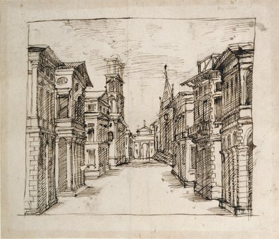 Ulica w perspektywie, ok. 1617 (pióro i atrament na papierze) autorstwa Inigo Jones