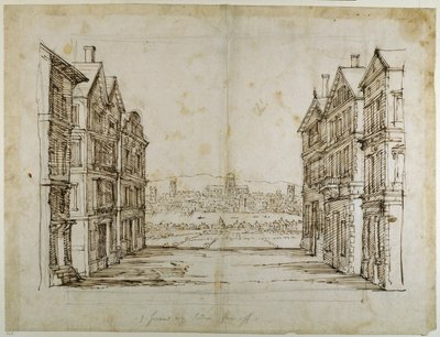 Angielskie domy z dalekim Londynem i Tamizą (pióro i atrament na papierze) autorstwa Inigo Jones