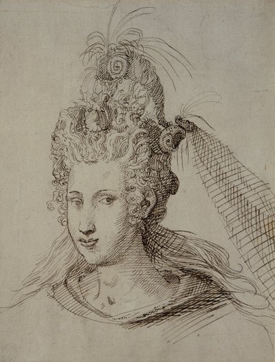 Nakrycie głowy, prawdopodobnie dla Anny z Danii (pióro i atrament na papierze) autorstwa Inigo Jones