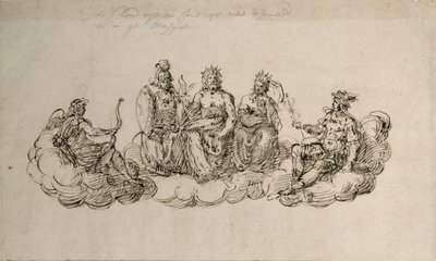 Jove z Senatem Bogów, ok. 1622 (pióro i atrament na papierze) autorstwa Inigo Jones