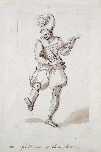 Mężczyzna z rusztem i łyżką do butów (pióro i atrament na papierze) autorstwa Inigo Jones