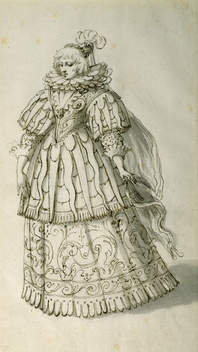 Masquer, c.1638 (pióro i atrament na papierze) autorstwa Inigo Jones