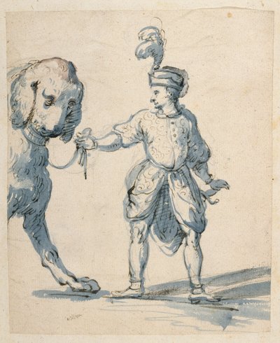 Polski krasnal prowadzący psa (pióro i tusz oraz pranie na papierze) autorstwa Inigo Jones