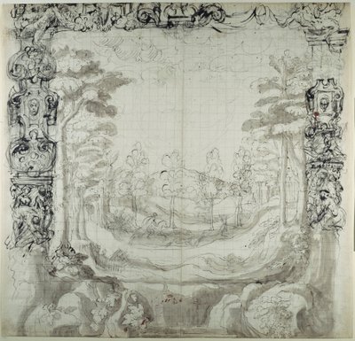 Scena proscenium i polowania (pióro i atrament na papierze) autorstwa Inigo Jones