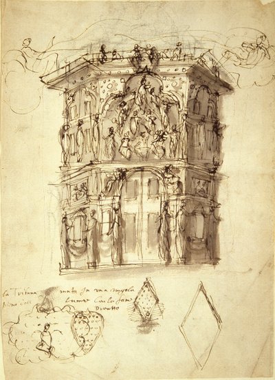 Maska Królowych, scena 2: Dom Sławy, ok. 1609 (pióro i atrament na papierze) autorstwa Inigo Jones
