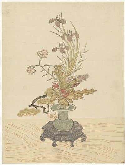 Ikebana kompozycja kwiatowa w zielonym wazonie autorstwa Ippitsusai Bunchô (manner of)