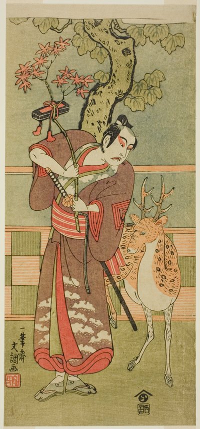 Aktor Ichikawa Yaozo II jako Goi no Sho Munesada z jeleniem w sztuce Kuni no Hana Ono no Itsumoji (Kwiat Japonii: Pięć postaci Ono no Komachi) wystawianej w teatrze Nakamura od pierwszego dnia jedenastego miesiąca 1771 r. autorstwa Ippitsusai Bunchō