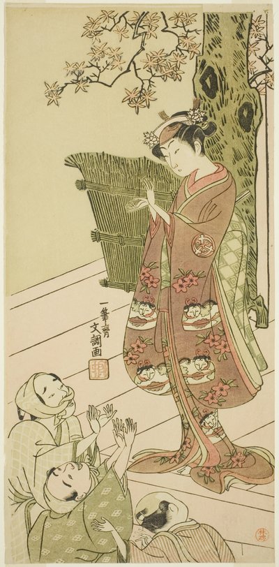 Aktor Arashi Hinaji I, prawdopodobnie jako Yuya Gozen w sztuce Ima o Sakari Suehiro Genji (Klan Genji teraz w swoim zenicie), wystawionej w Teatrze Nakamura od pierwszego dnia jedenastego miesiąca, 1768 autorstwa Ippitsusai Bunchō