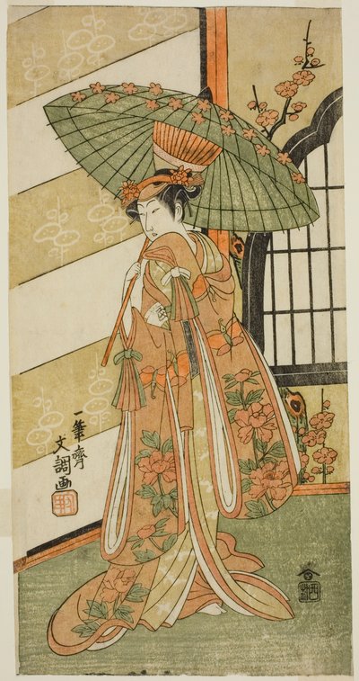 Aktor Onoe Tamizo I jako Nishikigi w sztuce Mutsu no Hana Ume no Kaomise, wystawionej w Teatrze Ichimura w jedenastym miesiącu 1769 autorstwa Ippitsusai Bunchō