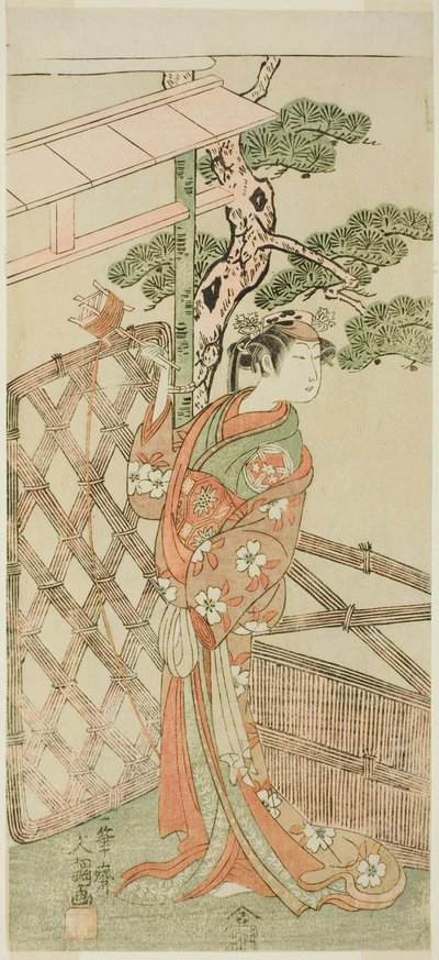 Aktor Yamashita Kinsaku II jako Moshio, żona Ito Sukekiyo, w sztuce Izu-goyomi Shibai no Ganjitsu, wystawionej w Teatrze Morita w jedenastym miesiącu 1772 autorstwa Ippitsusai Bunchō