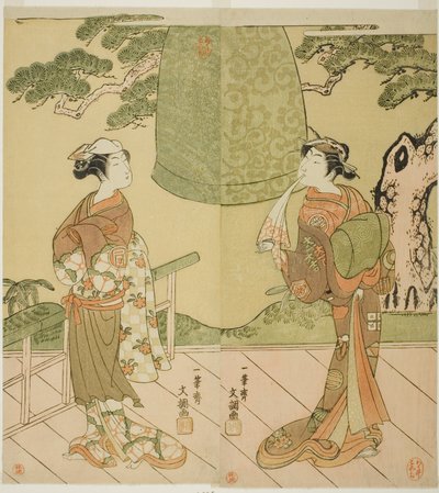 Aktorzy Ichimura Uzaemon IX jako Shume no Hangan Morihisa (po prawej) i Sanogawa Ichimatsu II jako Chujo (po lewej), w sztuce Edo no Hana Wakayagi Soga, wystawionej w teatrze Ichimura w drugim miesiącu, 1769 autorstwa Ippitsusai Bunchō