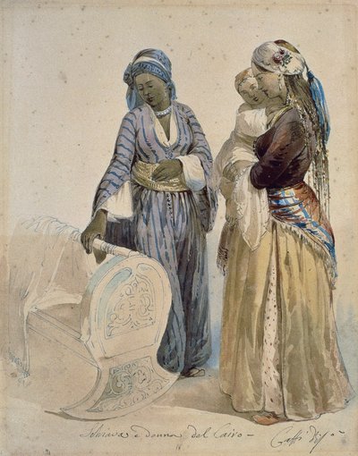 Niewolnica i kobieta z Kairu, akwarela rysunek Ippolito Caffi (1809-1866) autorstwa Ippolito Caffi
