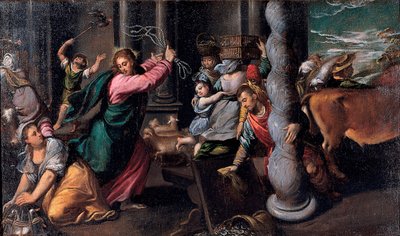 Le Christ chassant les marchands du temple - Chrystus wyprowadzający pożyczkodawców ze świątyni - Obraz Ippolito Scarsellino (Scarsella) (1551-1620), Olej na płótnie 1580-1585 (68x116 cm) - Musei Capitolini, Rzym autorstwa Ippolito Scarcella