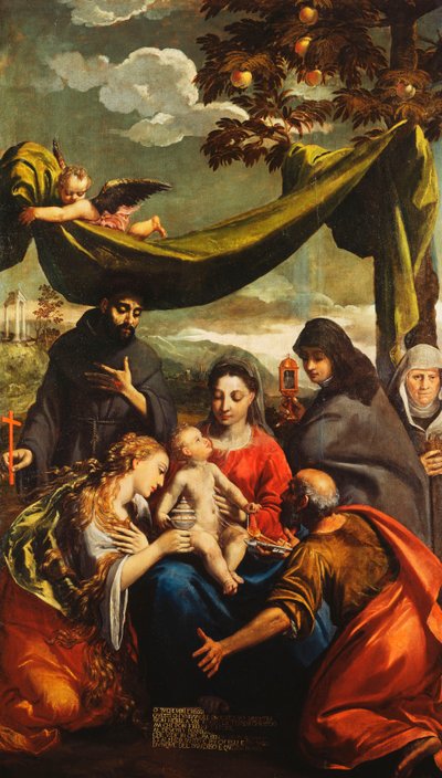 Madonna z Dzieciątkiem ze świętymi Marią Magdaleną, Piotrem, Klarysą i Franciszkiem oraz portretem opatki autorstwa Ippolito Scarsella