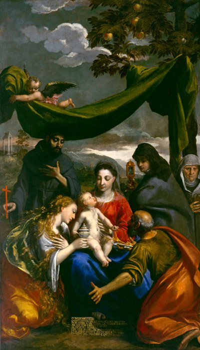 Dziewica i Dzieciątko ze św. Marią Magdaleną, Piotrem, Klarysą, Franciszkiem i przełożoną, ok. 1600 autorstwa Ippolito Scarsella