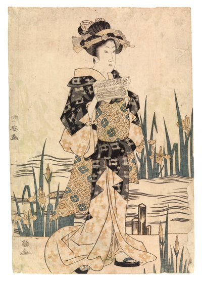Papier do czytania Lady „bijin” na moście, ok. 1811-17 (kolorowy drzeworyt) autorstwa Ipposai Kuniyasu