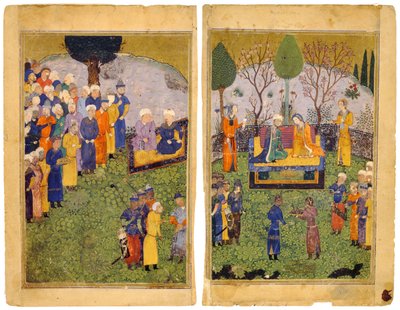 Książęca para z dworzanami w ogrodzie. Z Księgi Królów Shahnama autorstwa Iranian Master