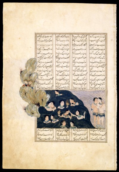 Iskander obserwujący syreny. Iluminacja rękopisu z epickiego Iskandar-nameh autorstwa Iranian Master