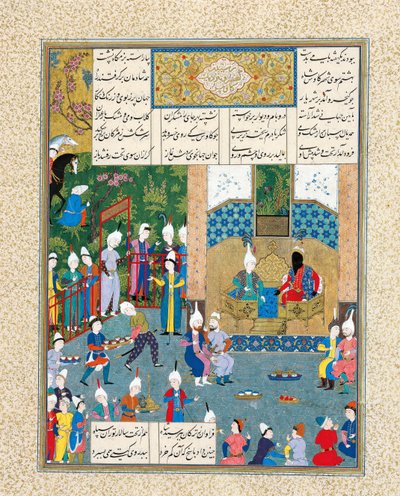 Kay Khusraw Powitany przez swojego dziadka Kay Kausa, króla Iranu Iluminacja rękopisów z ep autorstwa Iranian Master