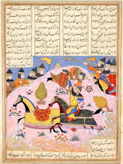 Malik podnosi Abula Mihjana z siodła. Z Khavarannamy Księga Wschodu ibn Husama al-D autorstwa Iranian Master