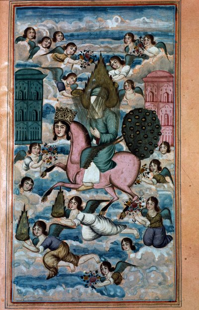 SM. Nezami, Layla i legendarna podróż Mahometa do nieba, z epickiego wiersza Nezami autorstwa Iranian School