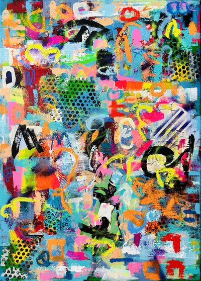 Żywe, abstrakcyjne graffiti autorstwa Irene Chua