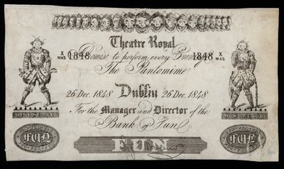 Reklama pantomimy w Theatre Royal w Dublinie na podstawie banknotu Bank of Ireland autorstwa Irish School