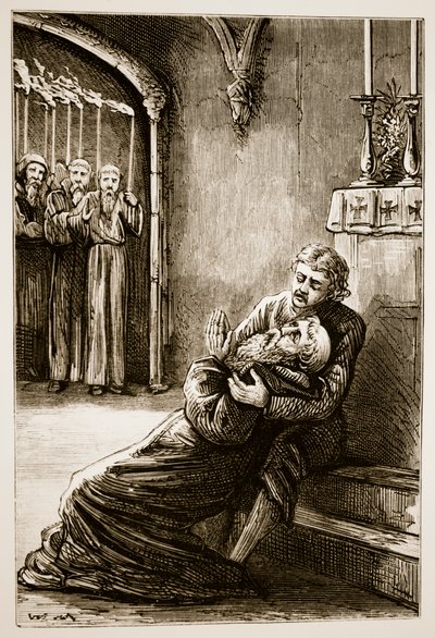 Śmierć św. Kolumby, z Trias Thaumaturga, czyli Trzech Cudownych Świętych Irlandii, autorstwa Mary Cusack (1829-99) wydanej ok. 1890 r. autorstwa Irish School