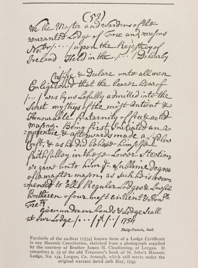 Najwcześniejszy znany certyfikat (irlandzki) z pieczęcią Wielkiej Loży, 1762 r autorstwa Irish School