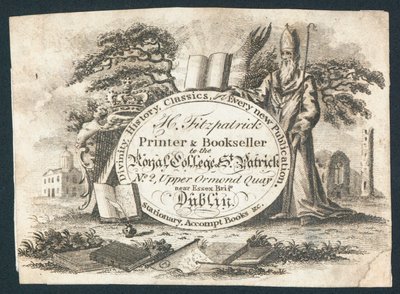 H Fitzpatrick, drukarz i księgarz w Royal College of Saint Patrick, karta handlowa autorstwa Irish School