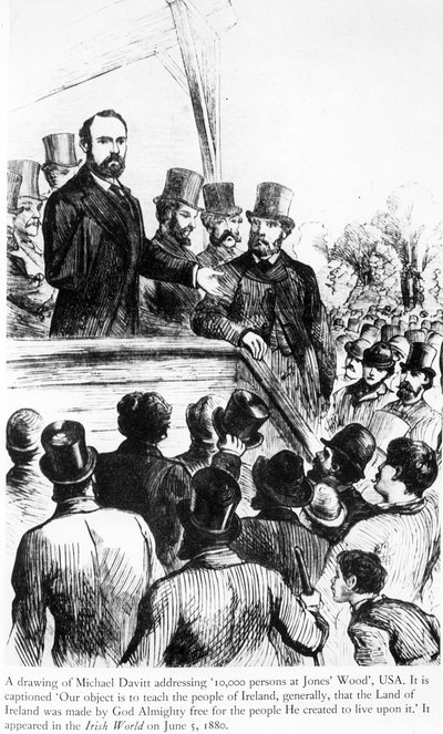 Michael Davitt przemawiający do 100 000 osób w Jones Wood, USA, z Irish World, 5 czerwca 1880 r. autorstwa Irish School