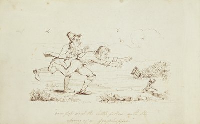 Over Pop Went the Little Fellow with the Grasshopper, ilustracja książkowa przedstawiająca dwóch Irlandczyków goniących Leprechauna, XIX w. (pióro i atrament na papierze) autorstwa Irish School